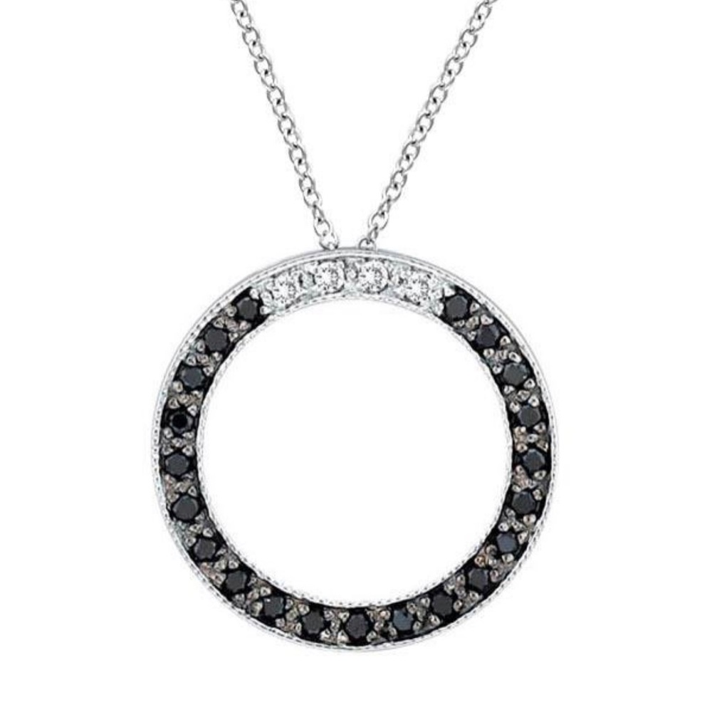 White and Black Diamond Circle Pendant 14k White Gold